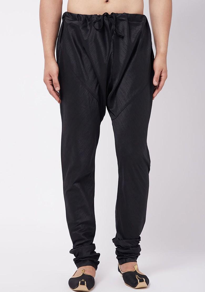 Black Solid Poly Blend Churidar For Men