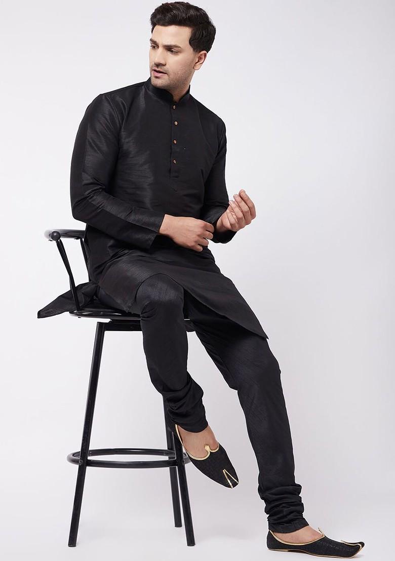 Black Solid Poly Blend Churidar For Men