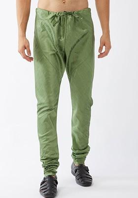 Green Solid Silk Churidar For Men