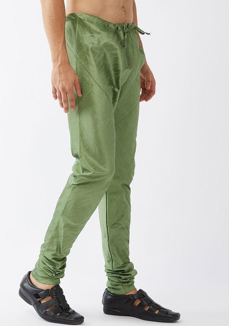 Green Solid Silk Churidar For Men