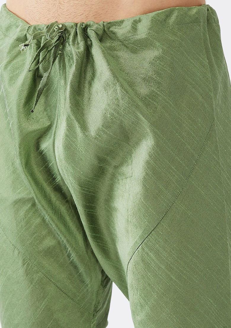 Green Solid Silk Churidar For Men