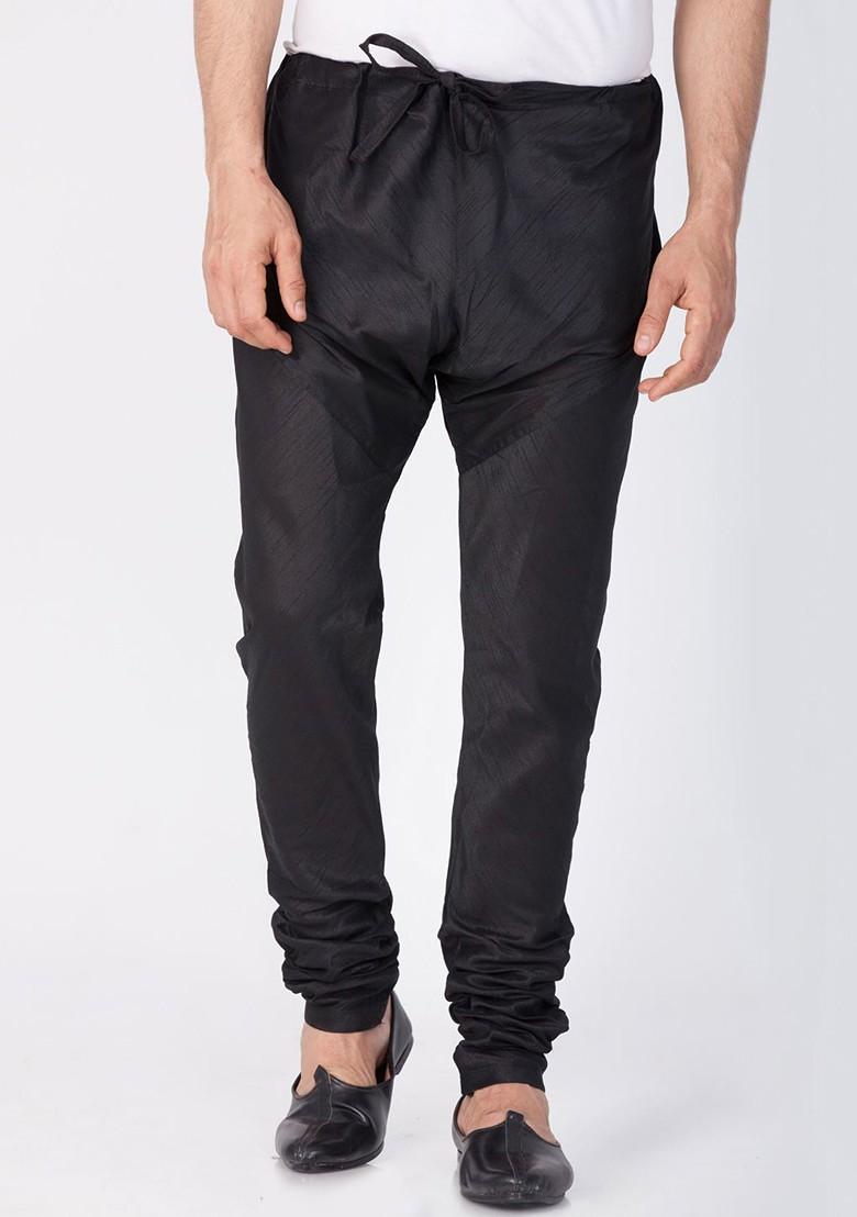 Black Solid Poly Blend Churidar For Men