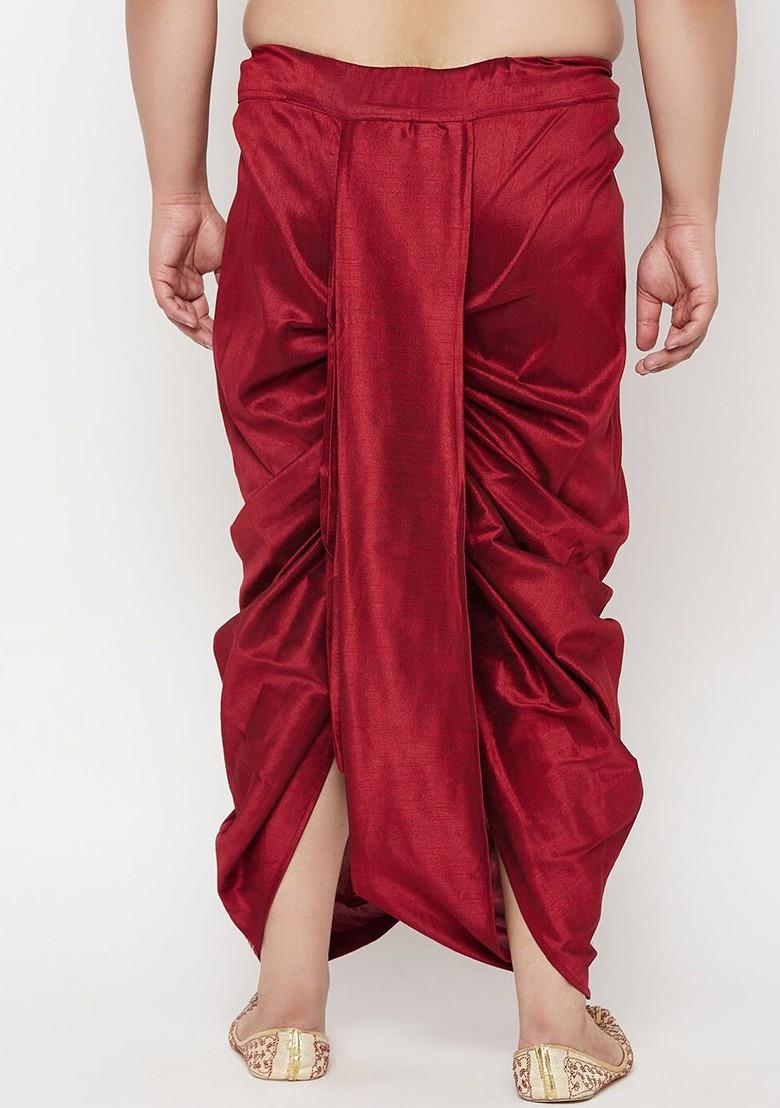 Maroon Embroidered Poly Blend Dhoti For Men