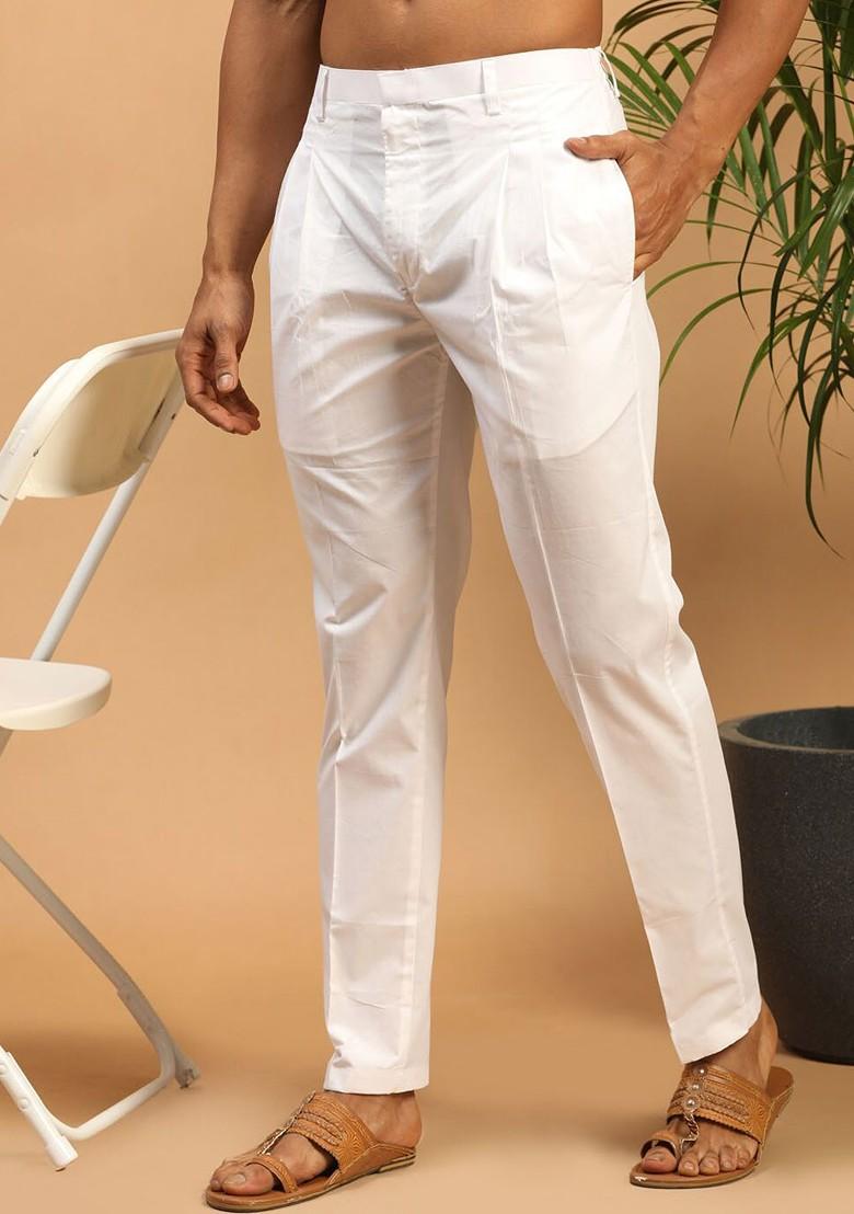 White Solid Cotton Pyjama For Men