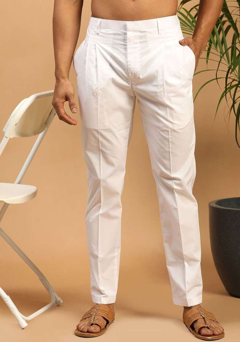 White Solid Cotton Pyjama For Men - Indya