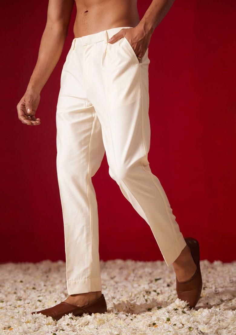 Cream Solid Poly Blend Pyjama For Men