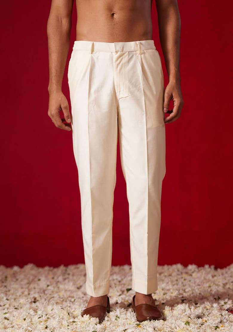 Cream Solid Poly Blend Pyjama For Men - Indya