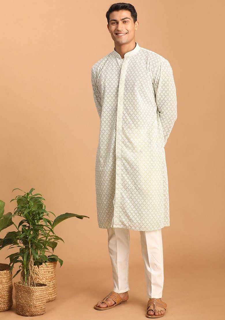 Cream Solid Cotton Pyjama For Men - Indya