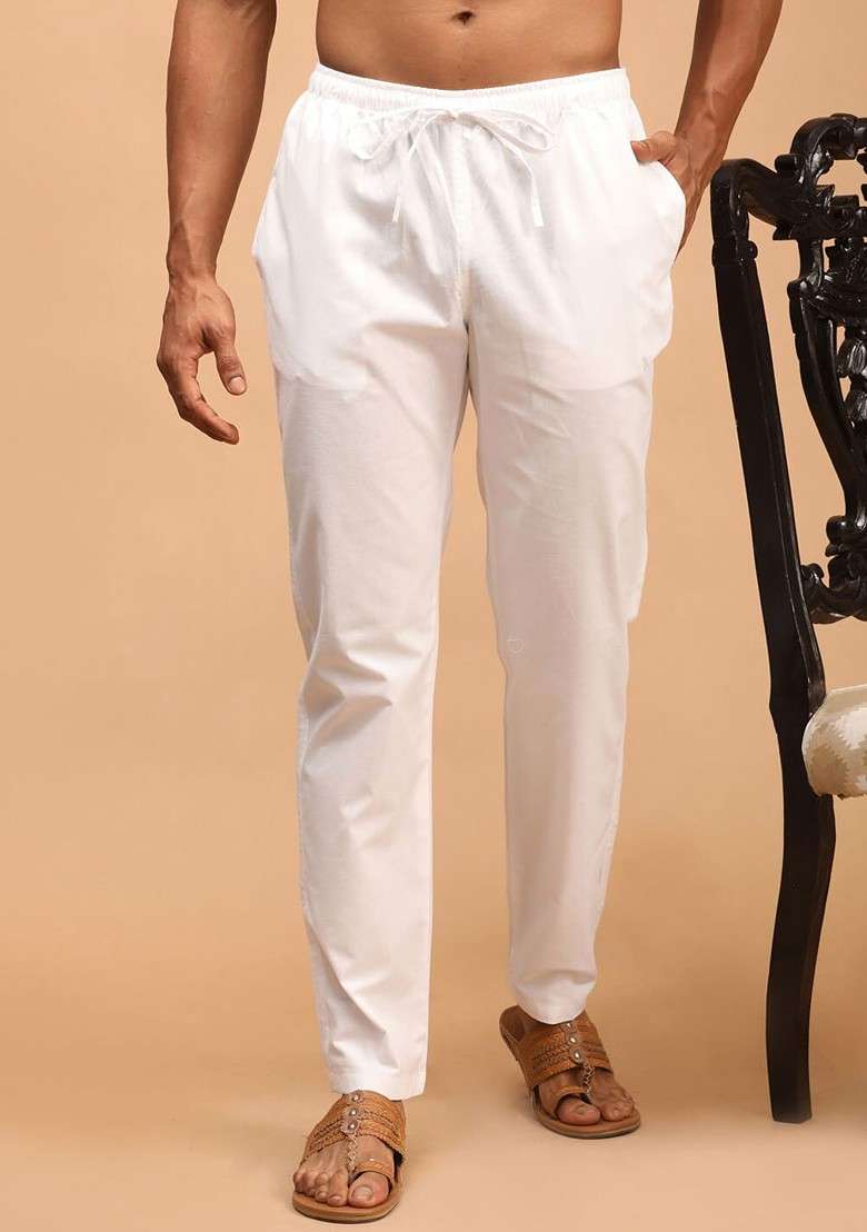 White Solid Cotton Pyjama For Men - Indya