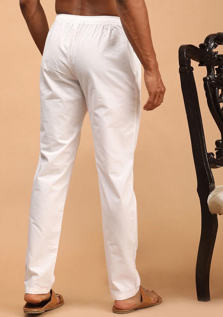 White Solid Cotton Pyjama For Men