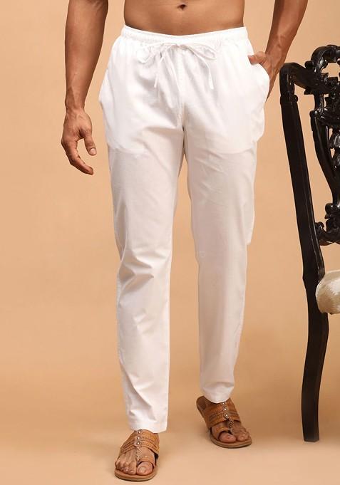 White Solid Cotton Pyjama For Men