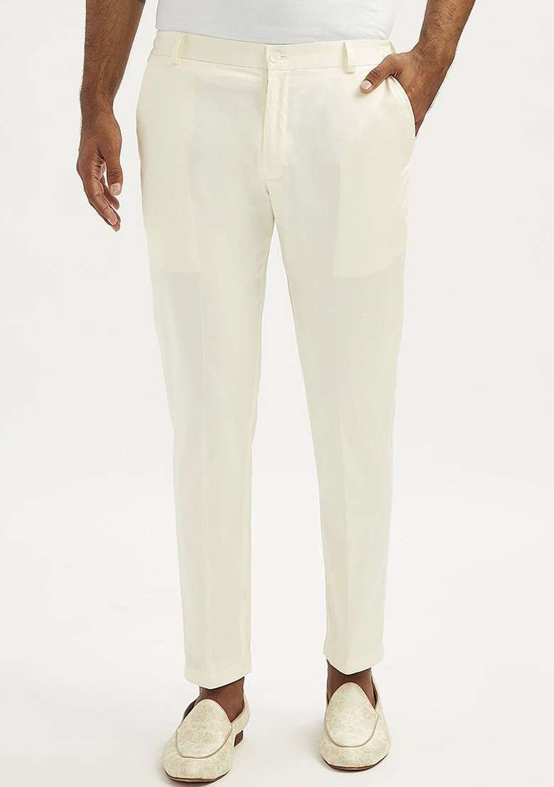 Cream Solid Poly Blend Pyjama For Men - Indya