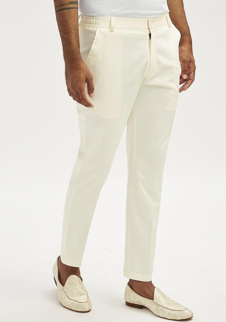 Cream Solid Poly Blend Pyjama For Men