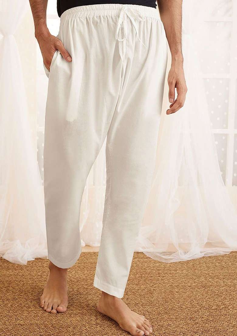 White Solid Cotton Pyjama For Men - Indya