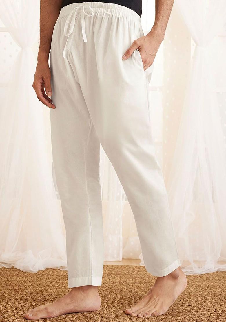 White Solid Cotton Pyjama For Men