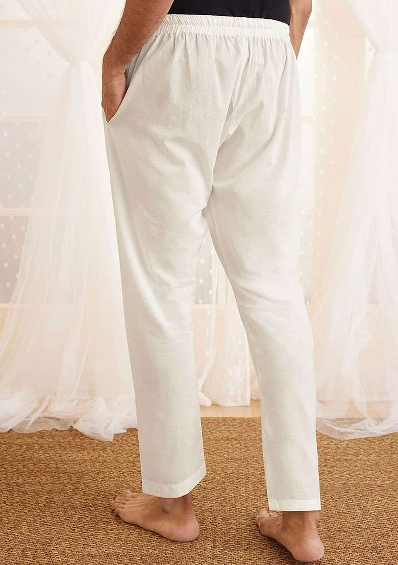 White Solid Cotton Pyjama For Men - Indya