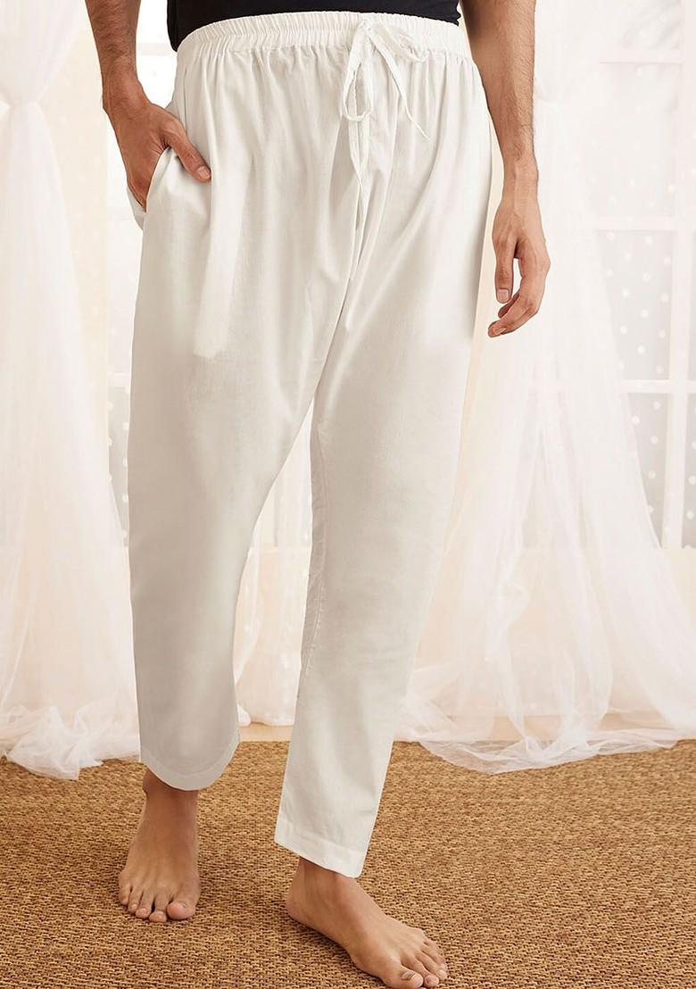 White Solid Cotton Pyjama For Men