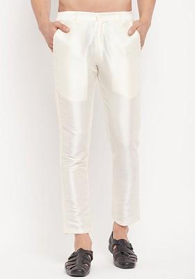 Cream Solid Silk Pyjama For Men