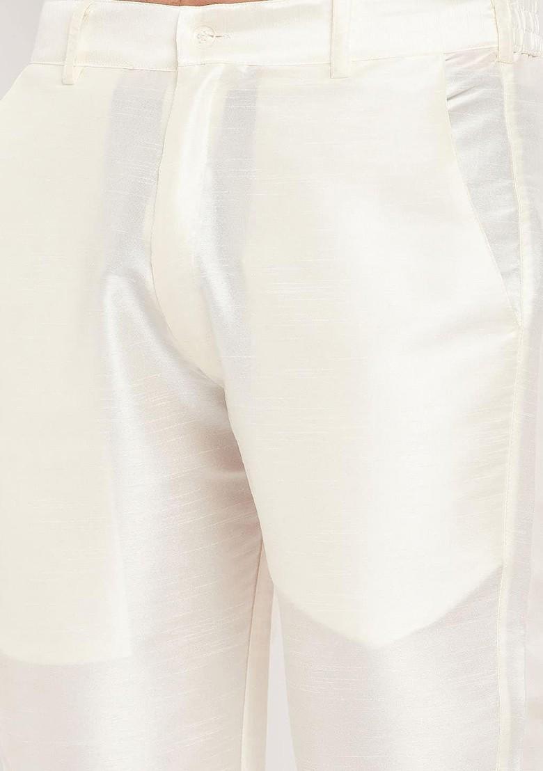 Cream Solid Silk Pyjama For Men