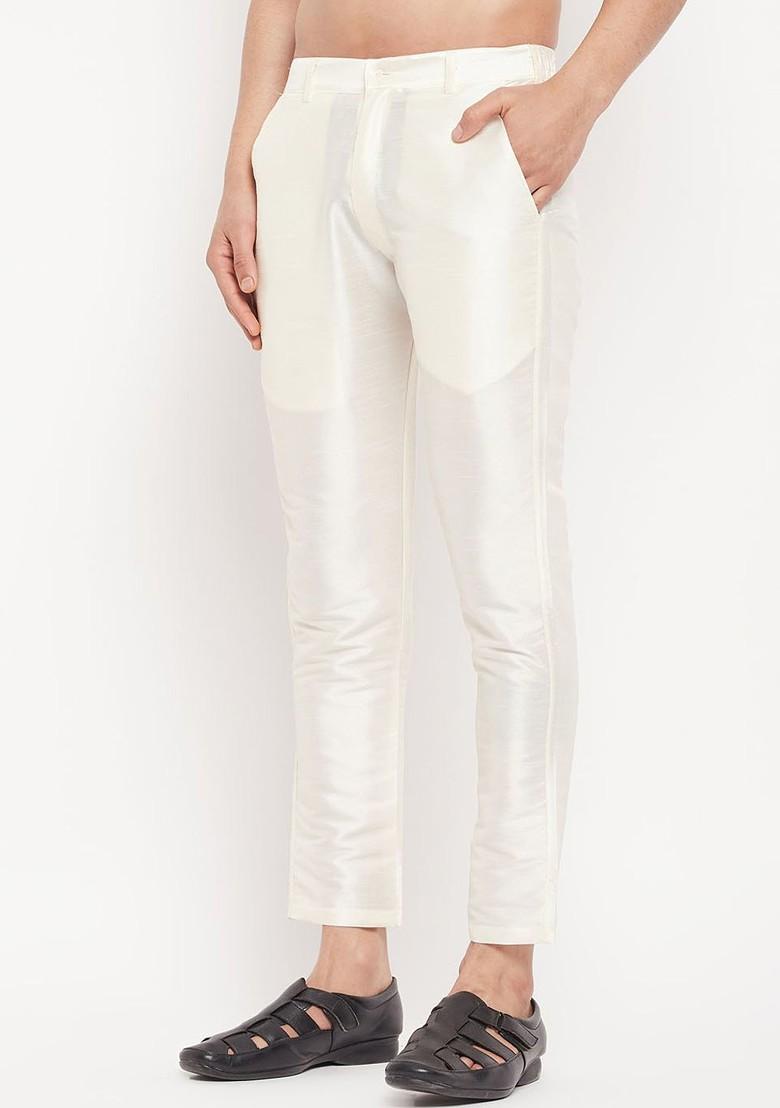 Cream Solid Silk Pyjama For Men