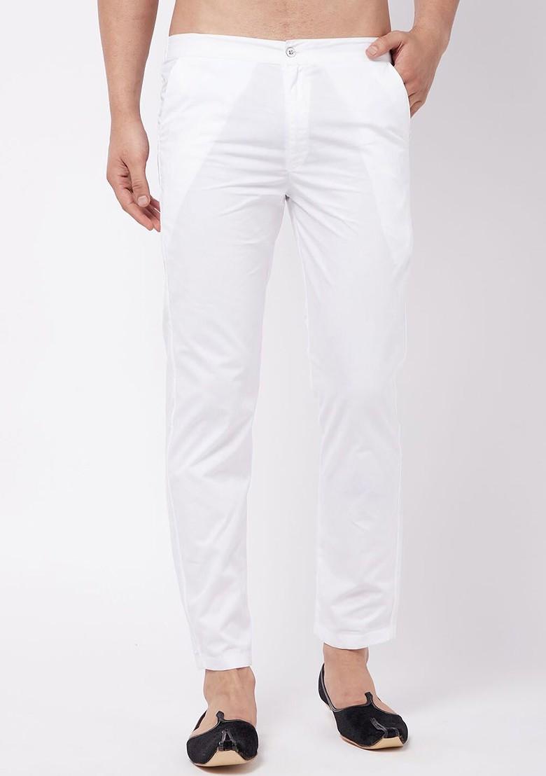 White Solid Cotton Pyjama For Men