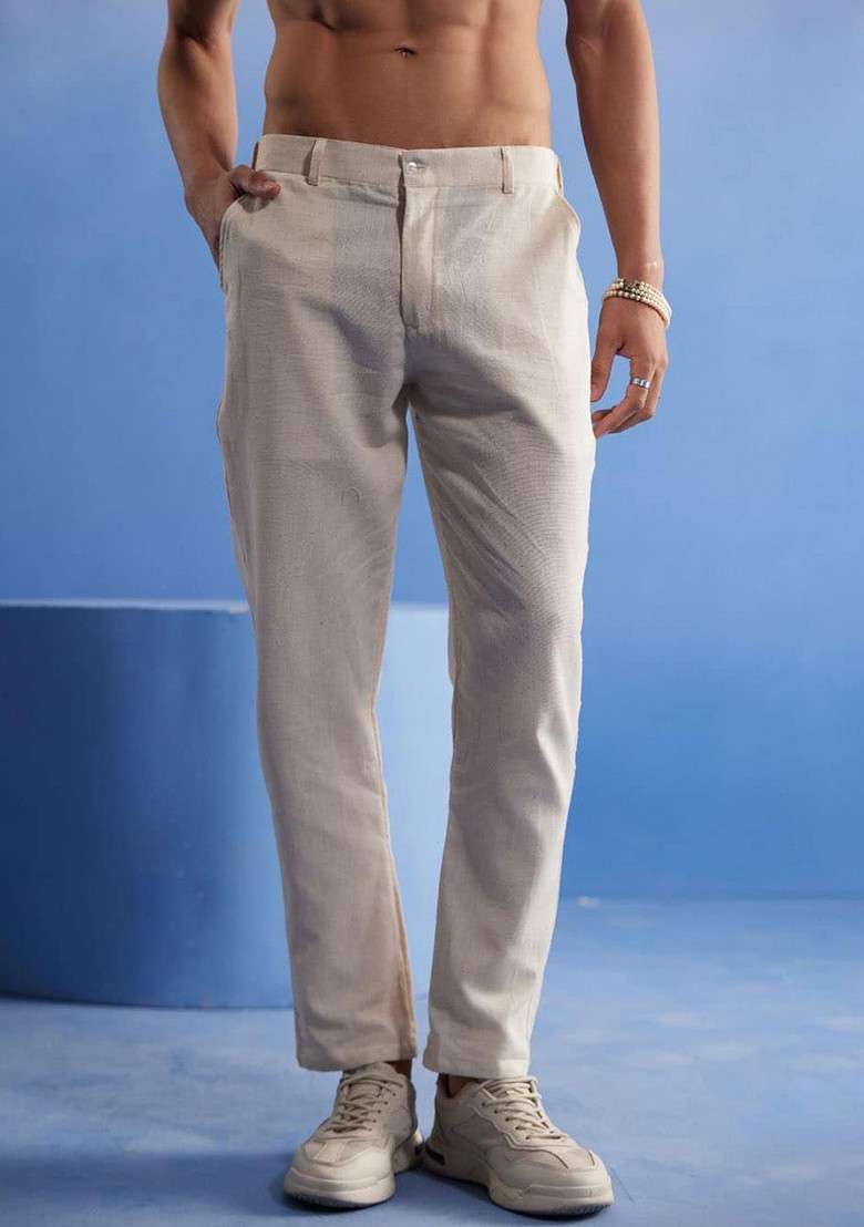 Cream Solid Cotton Pyjama For Men - Indya