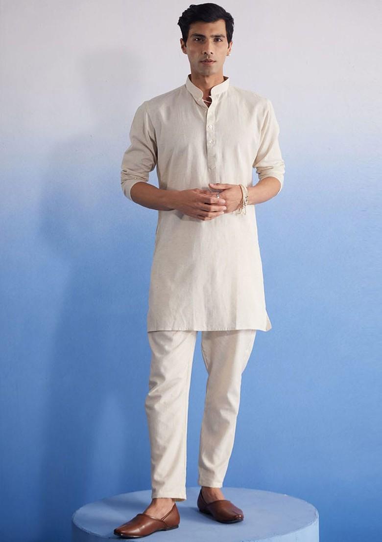 Cream Solid Cotton Pyjama For Men