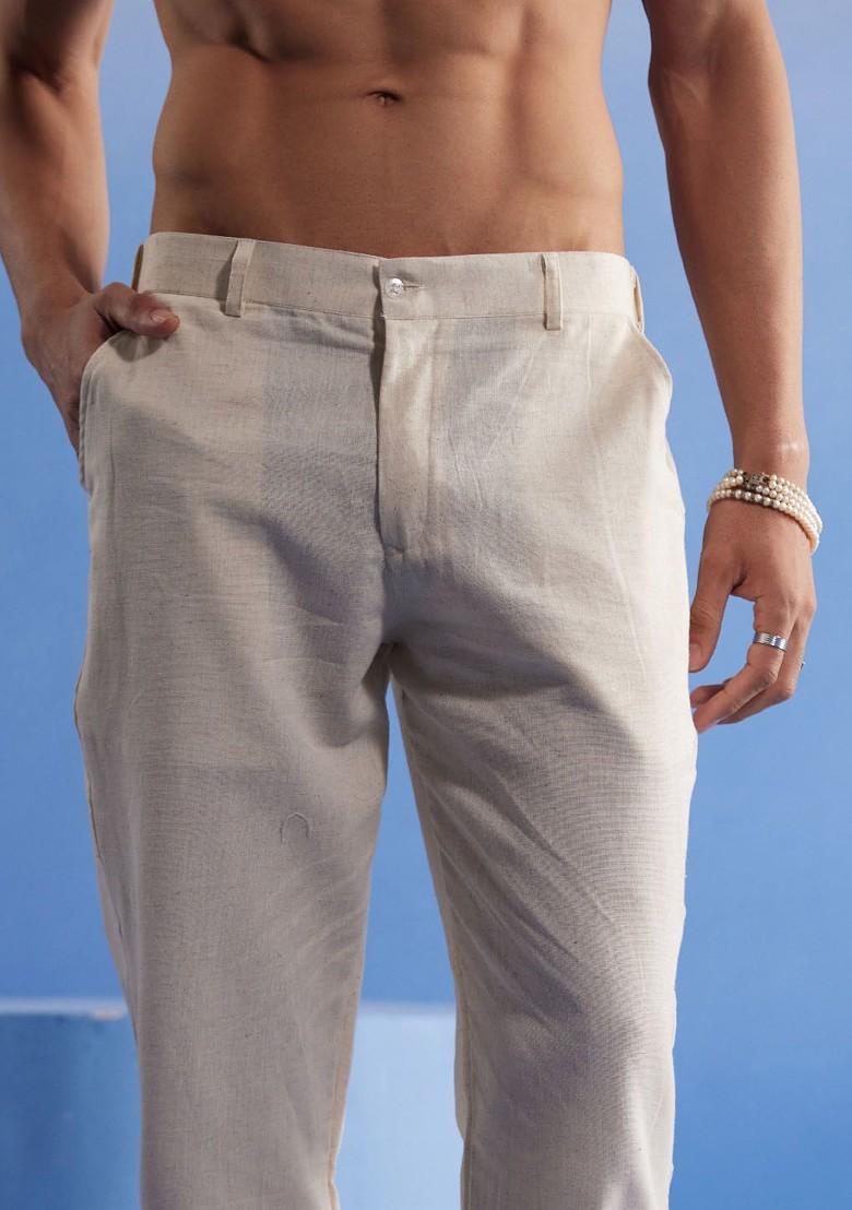 Cream Solid Cotton Pyjama For Men