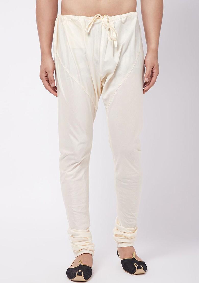 Cream Solid Poly Blend Pyjama For Men