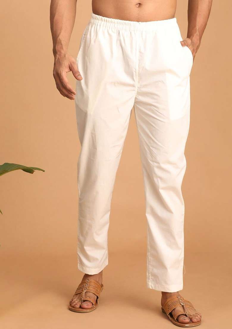Cream Solid Cotton Pyjama For Men - Indya