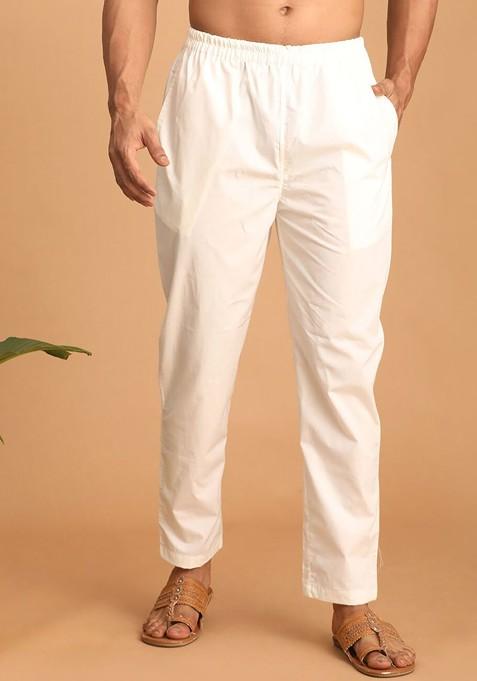Cream Solid Cotton Pyjama For Men