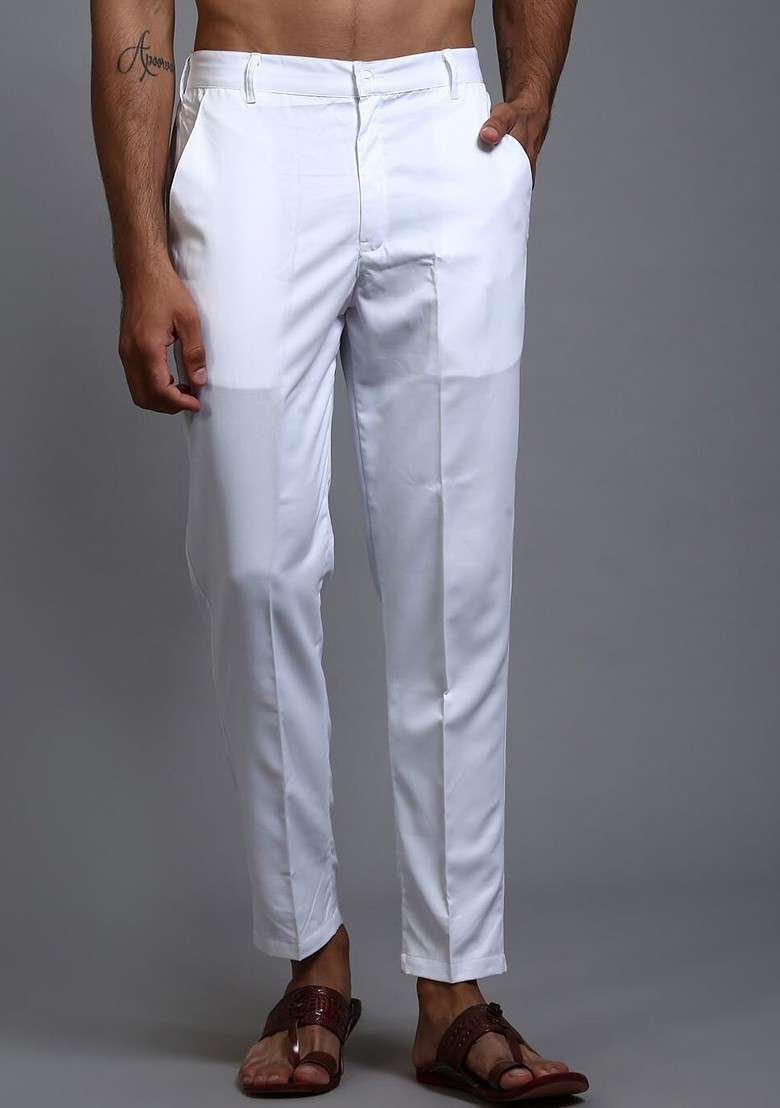 White Solid Cotton Pyjama For Men - Indya