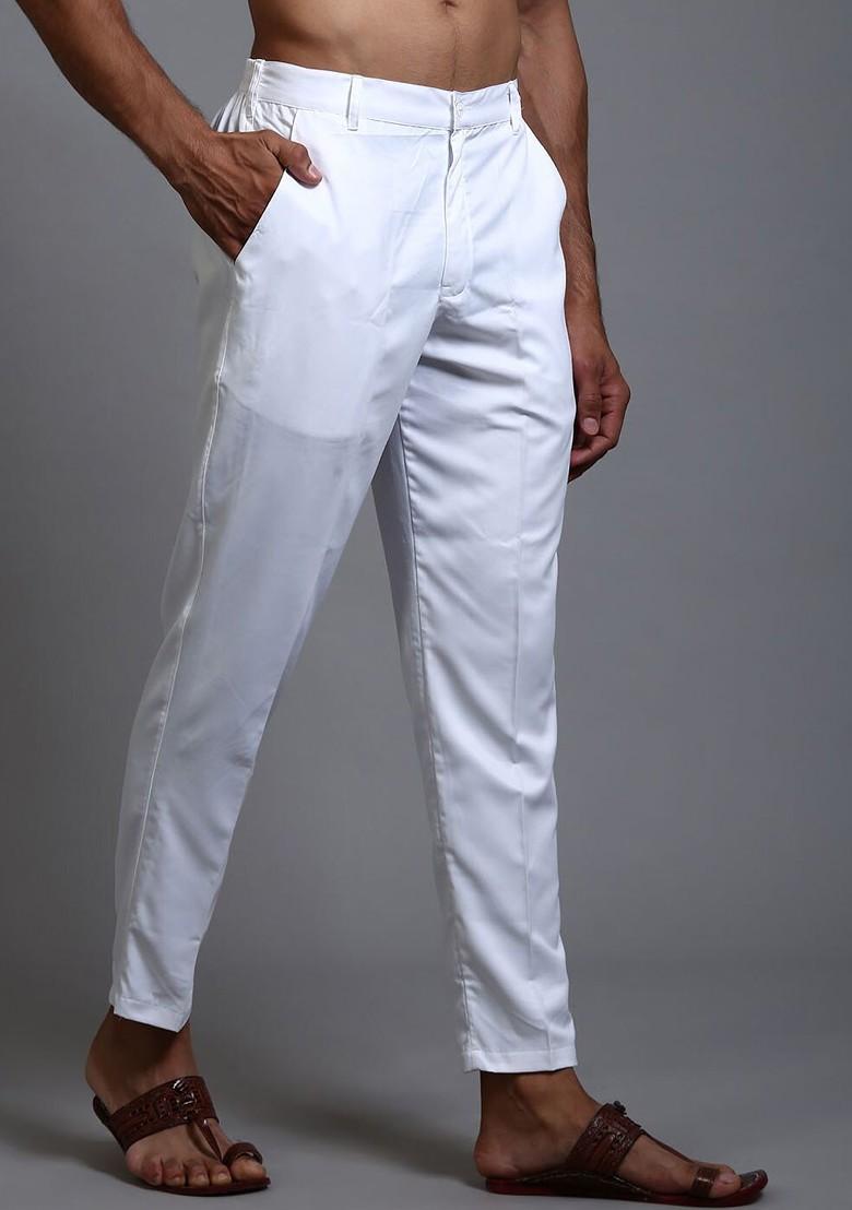 White Solid Cotton Pyjama For Men