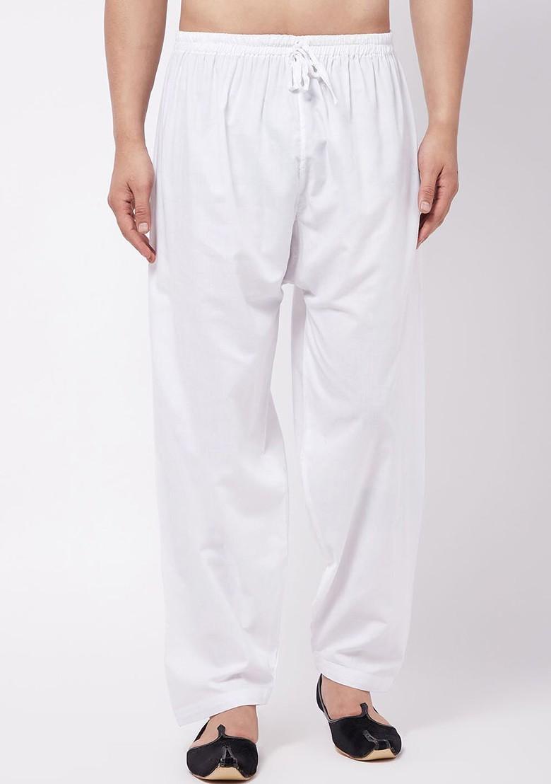 White Solid Poly Blend Salwar For Men
