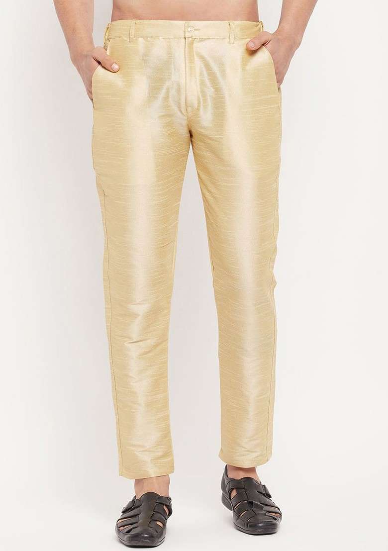 Gold Solid Silk Blend Pyjama For Men - Indya