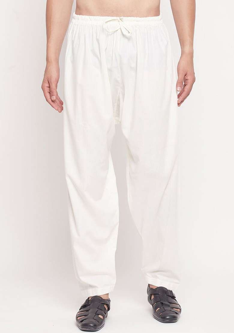 Cream Solid Cotton Salwar For Men - Indya