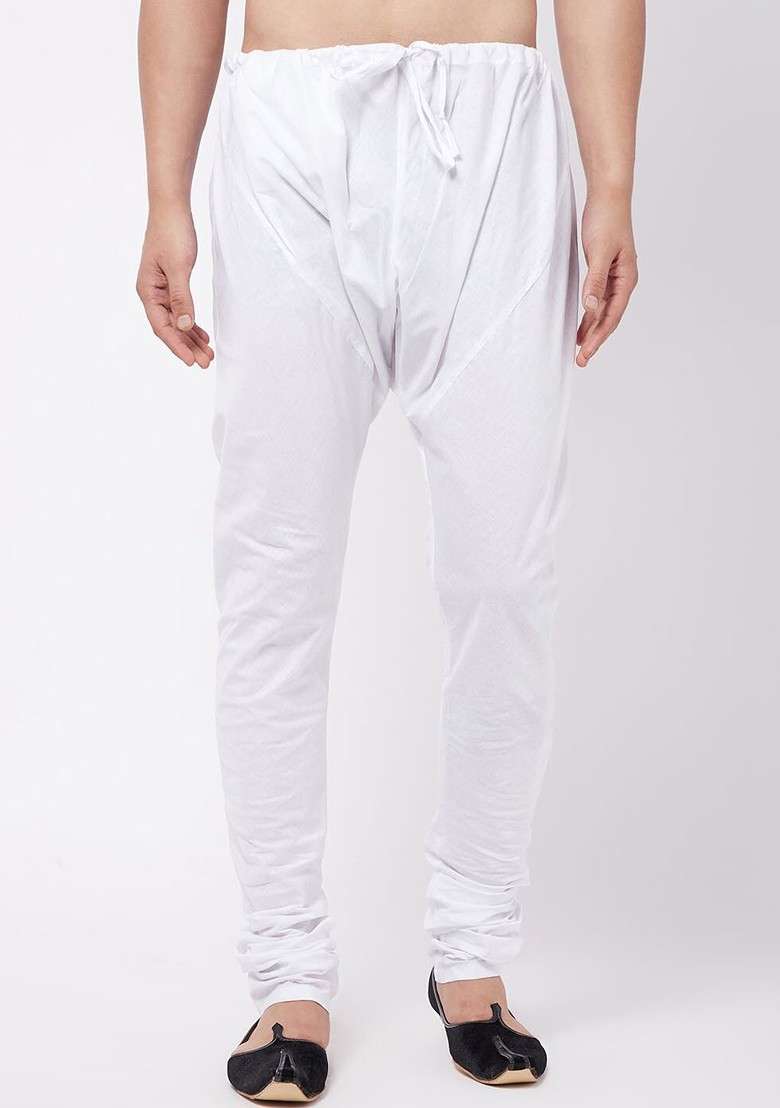 White Solid Cotton Pyjama For Men - Indya