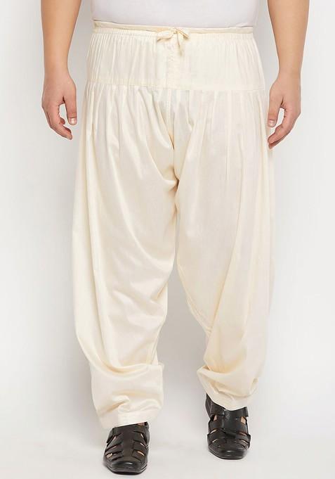 Cream Solid Poly Blend Salwar For Men