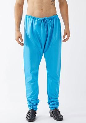 Blue Solid Poly Blend Churidar For Men