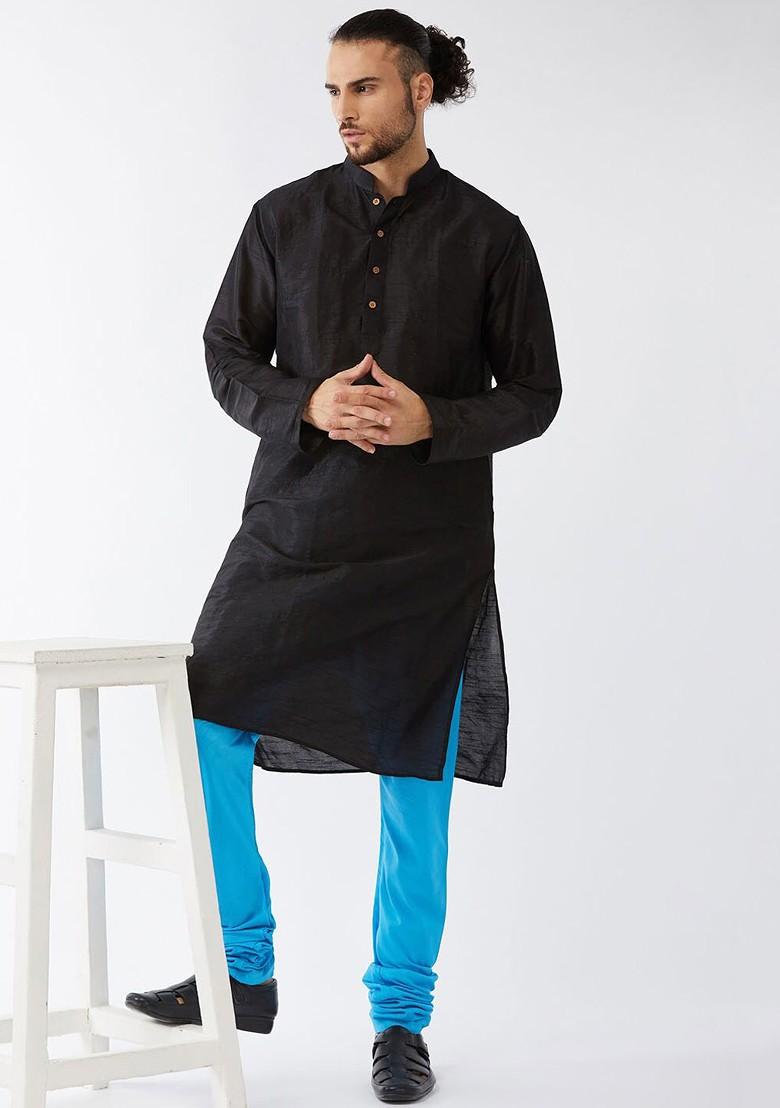 Blue Solid Poly Blend Churidar For Men