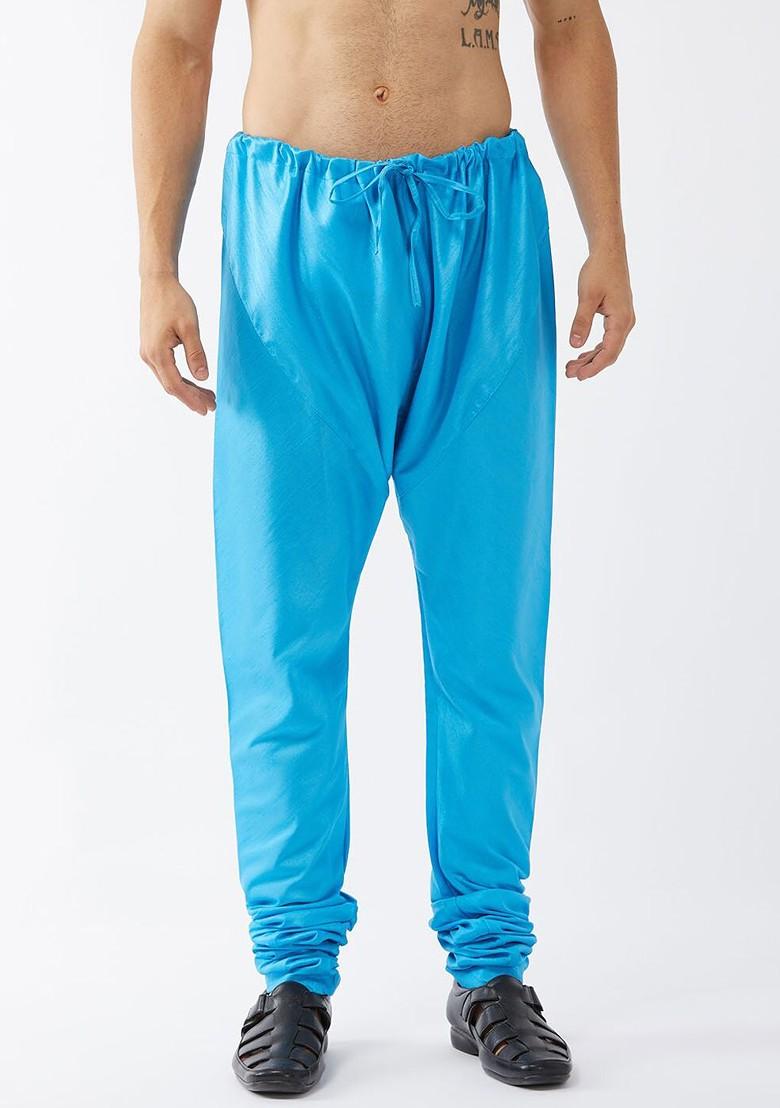 Blue Solid Poly Blend Churidar For Men