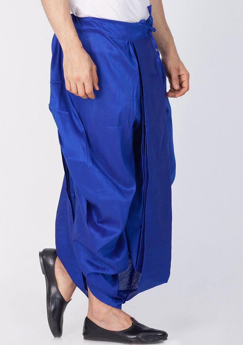Blue Solid Poly Blend Dhoti For Men