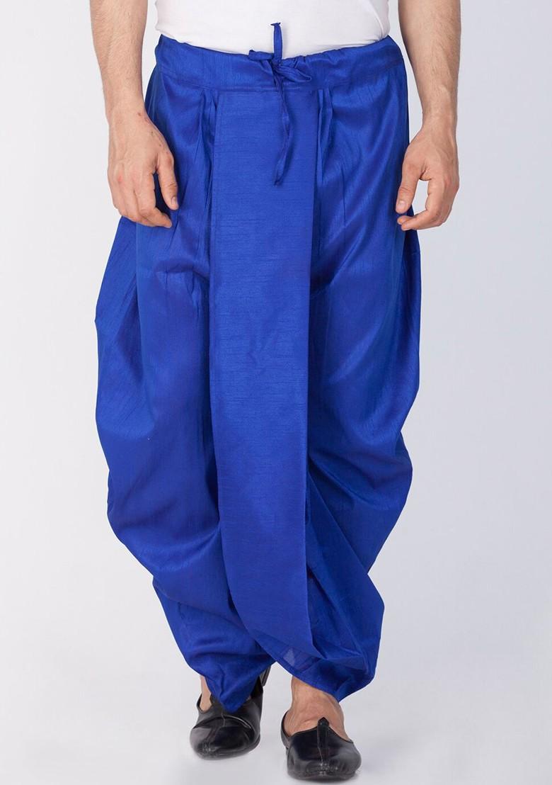 Blue Solid Silk Dhoti For Men