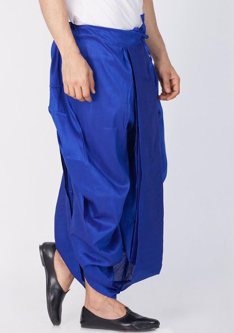 Blue Solid Silk Dhoti For Men