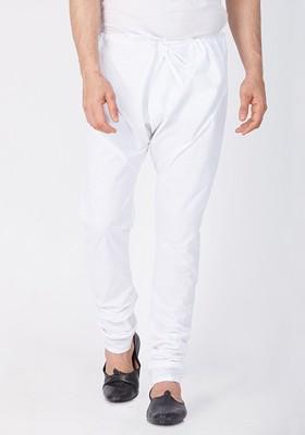 White Solid Poly Blend Churidar For Men