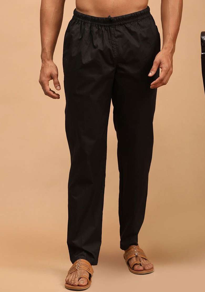 Black Solid Cotton Pyjama For Men - Indya