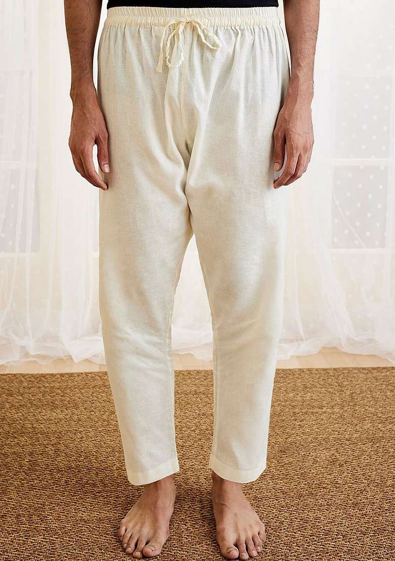 White Solid Cotton Pyjama For Men - Indya