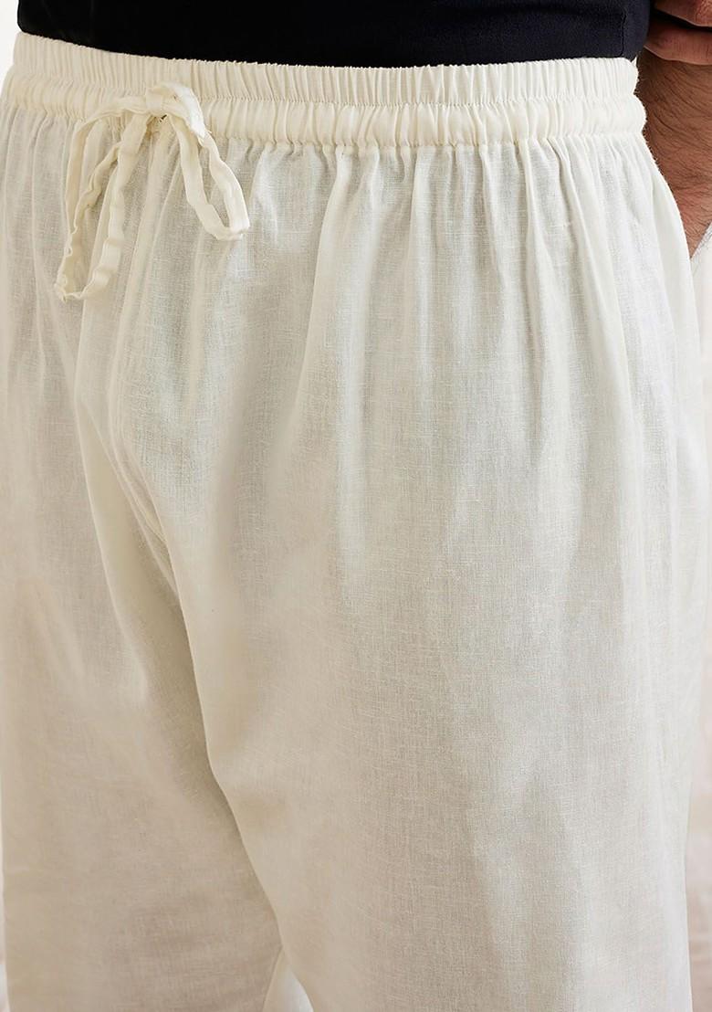 White Solid Cotton Pyjama For Men