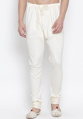 Cream Solid Poly Blend Churidar For Men