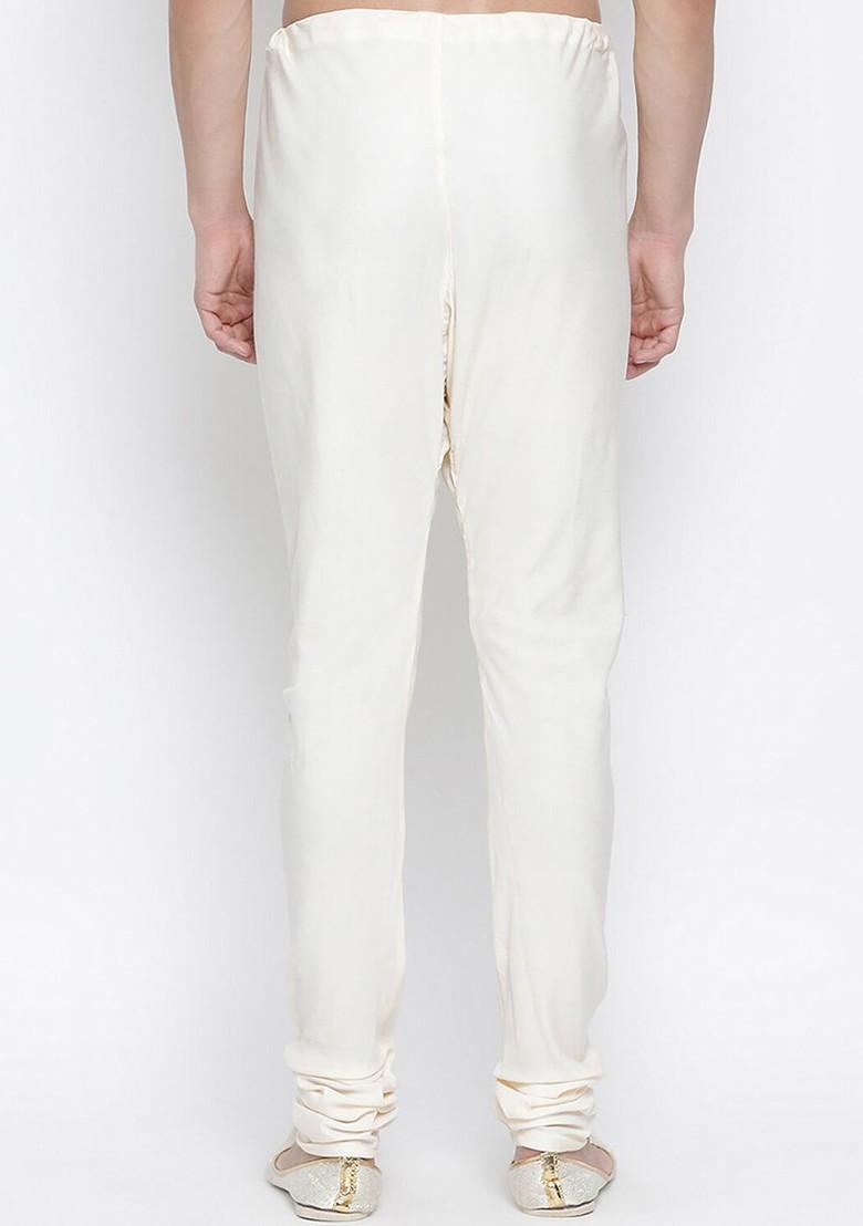 Cream Solid Poly Blend Churidar For Men